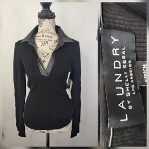 Laundry By Shelli Segal Polo Sweater Womens SZ Small Faux Leather Accent Rib NEW